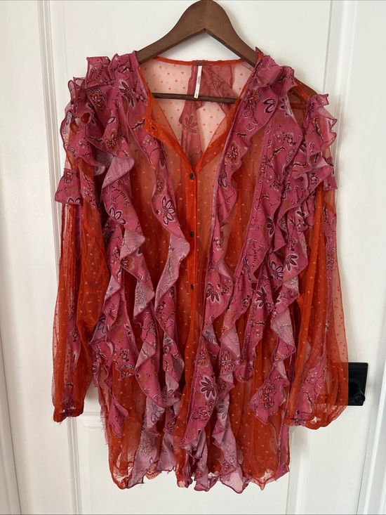 Free People Tops - Free People Worth It Pink Orange Sheer Ruffle Floral Button Blouse Boho Fairy